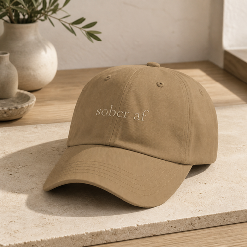 SOBER AF classic cap in Khaki on travertine