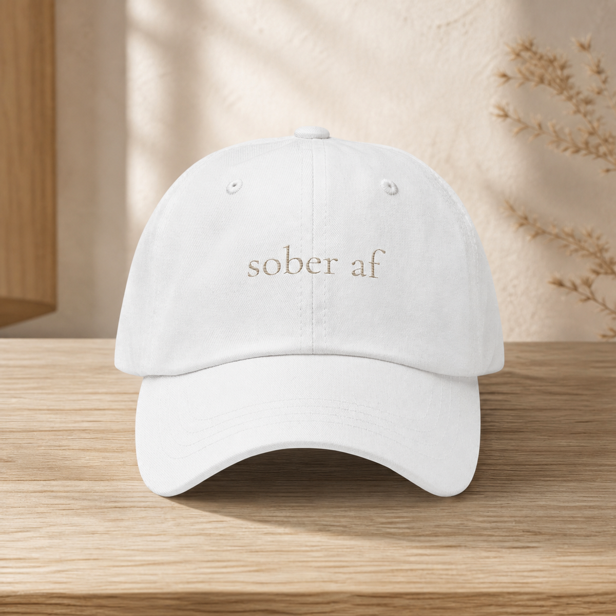 SOBER AF classic cap in White on pale oak